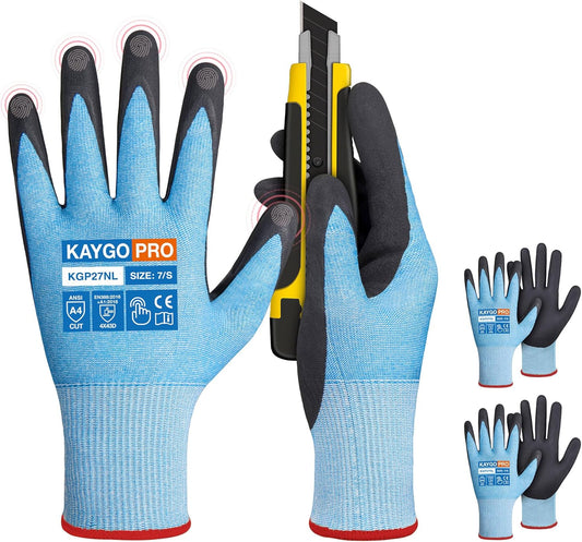 KAYGO 3 Pairs Cut Resistant Gloves Micro Finishing Nitrile Coated,Safety Work Gloves with Firm Grip,ANSI Cut A4,KG27N,Ideal for Construction,Warehouse,Wood Carving