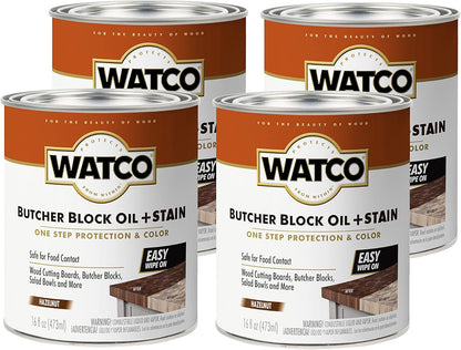Watco Butcher Block Oil + Stain | Safe for Food Contact | Durable Protection | Easy Wipe‑On Application | Hazelnut | Pint