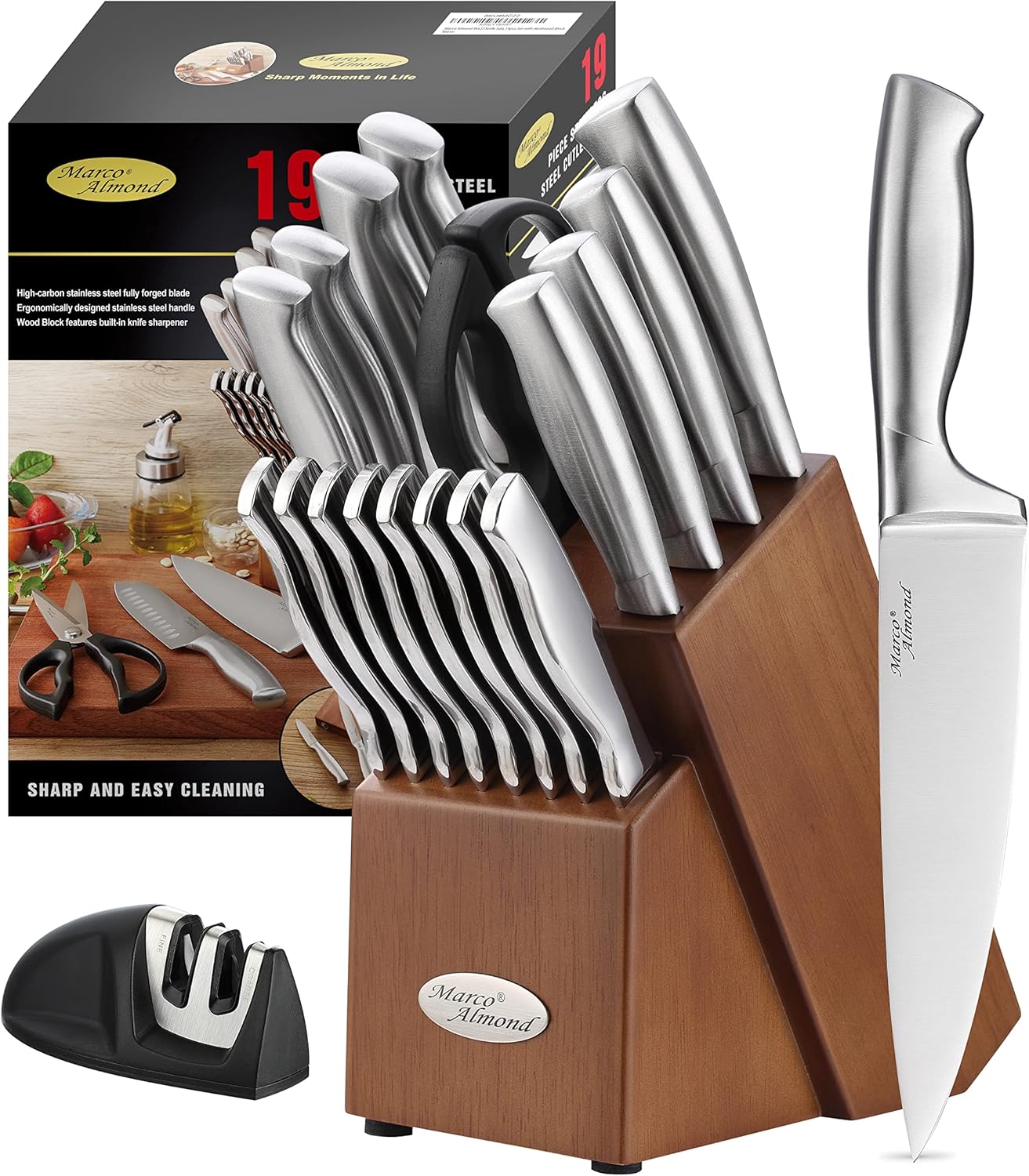 Marco Almond® Knife Block Set, KYA26 Knife Set with Block, 14 Pieces Stainless Steel Chef Kitchen Knives with Built-in Sharpener