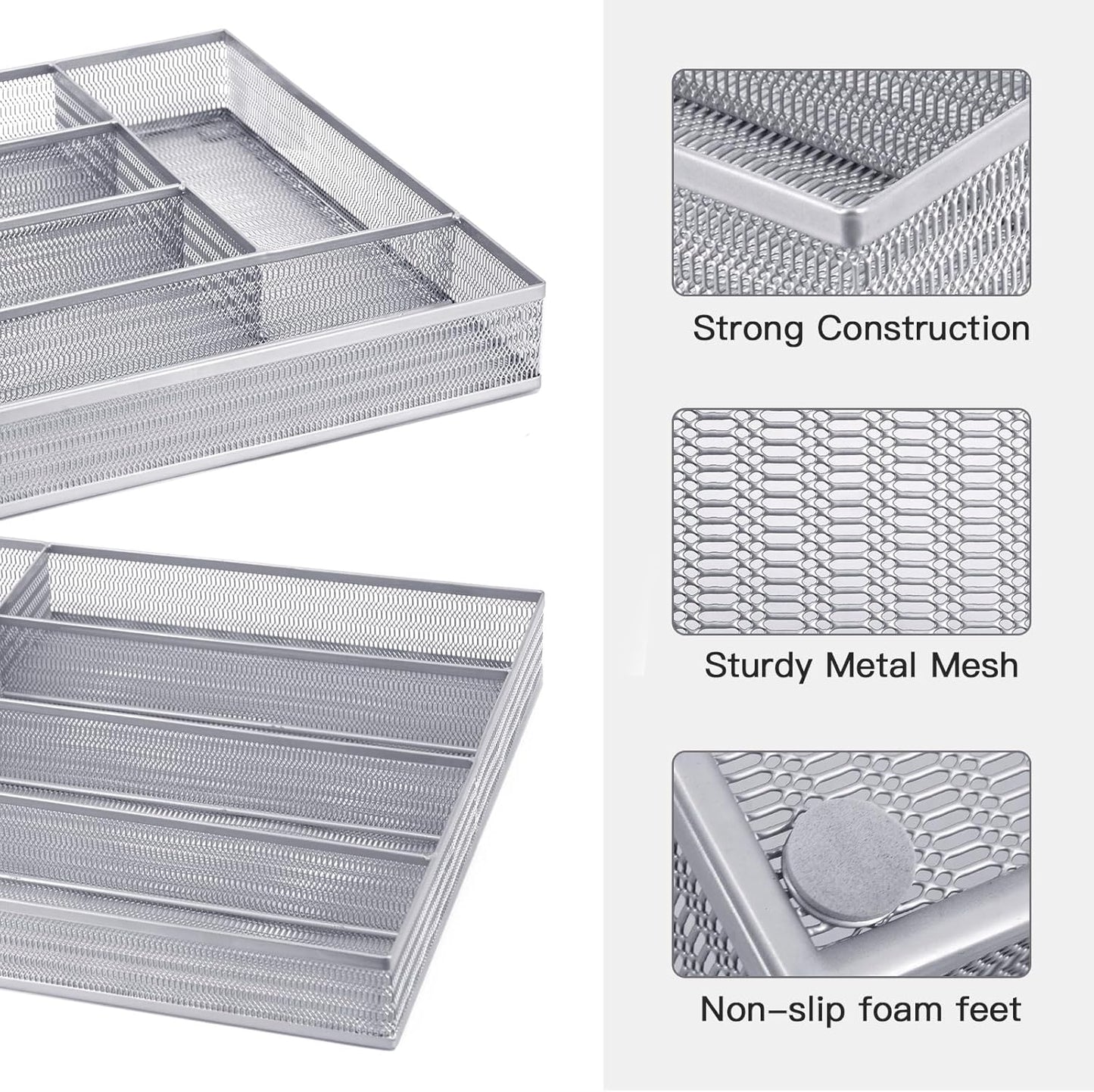 Neudeco Silverware Organizer,Mesh Drawer Organizer for Kitchen，Metal Utensil Organizer for Flatware, Knives, Spoons,Cosmetic (Silver 9 * 3 * 2 inch Pack6)