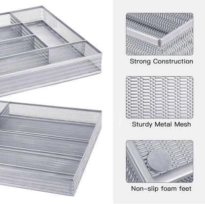 Neudeco Silverware Organizer,Mesh Drawer Organizer for Kitchen，Metal Utensil Organizer for Flatware, Knives, Spoons,Cosmetic (Silver 9 * 3 * 2 inch Pack6)