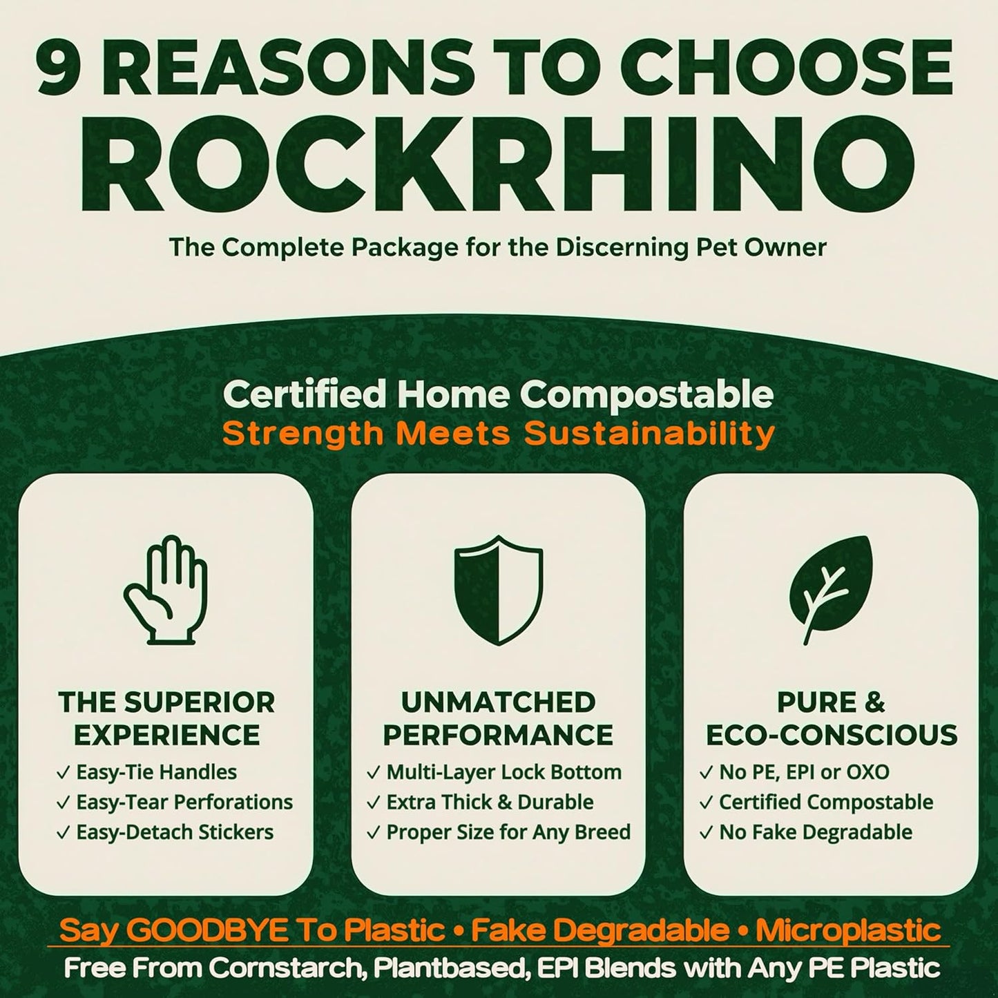 Ultra Thick RockRhino Dog Poop Bags - Claw Machine Style Pickup with Multi-Layer Bottom, ECO Heavy Duty, 0% Plastic, 100% Home Compostable, Mint-Scented, Easy Open Tie Handles, Glove Fit - 210 Bags