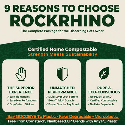 Ultra Thick RockRhino Dog Poop Bags - Claw Machine Style Pickup with Multi-Layer Bottom, ECO Heavy Duty, 0% Plastic, 100% Home Compostable, Mint-Scented, Easy Open Tie Handles, Glove Fit - 210 Bags