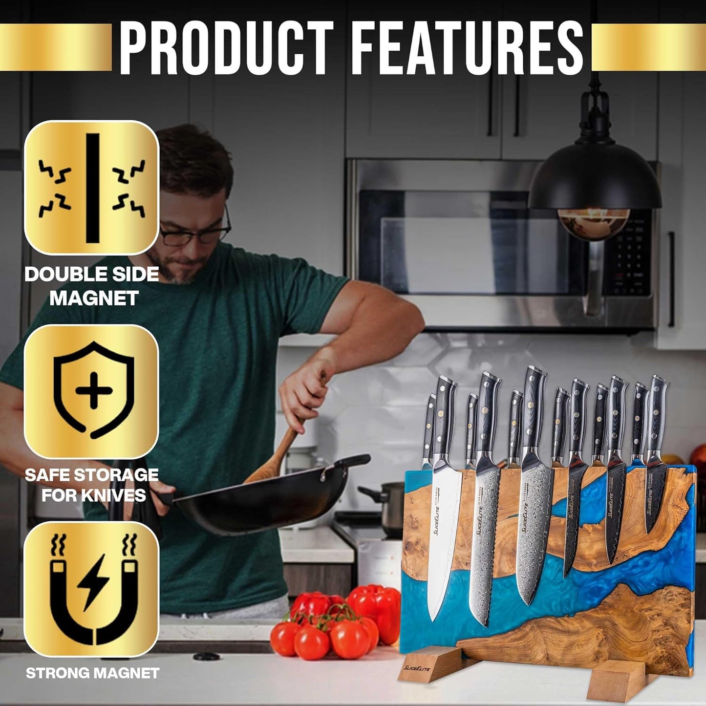 SliceElite Magnetic Knife Block Double Sided Holder East Indian Walnut Black Resin Dual Surface Magnet Storage for Knives on Kitchen Countertop Holds Up To 20 Knives