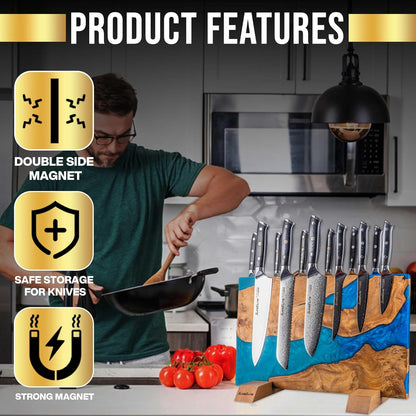 SliceElite Magnetic Knife Block Double Sided Holder East Indian Walnut Black Resin Dual Surface Magnet Storage for Knives on Kitchen Countertop Holds Up To 20 Knives
