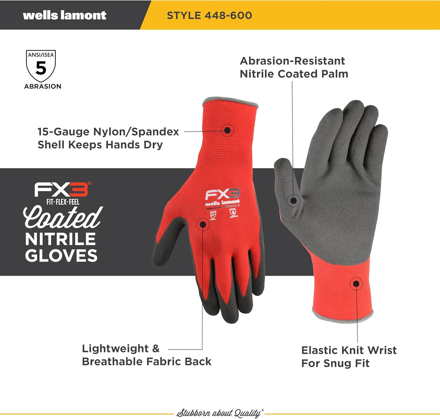 Wells Lamont Men's FX3 Nitrile Coated Grip Work Gloves – Tear & Abrasion Resistant – Heavy Duty for Construction, DIY, Mechanics – Breathable 15-Gauge Nylon/Spandex Shell – Red - M
