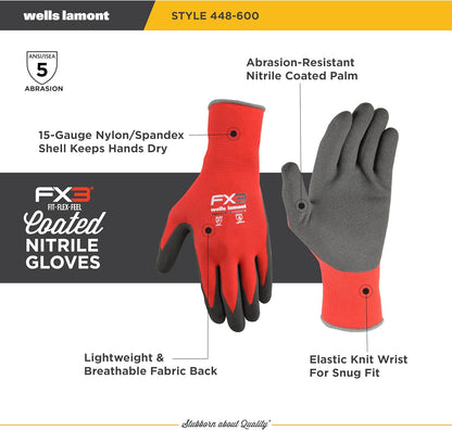 Wells Lamont Men's FX3 Nitrile Coated Grip Work Gloves – Tear & Abrasion Resistant – Heavy Duty for Construction, DIY, Mechanics – Breathable 15-Gauge Nylon/Spandex Shell – Red - M