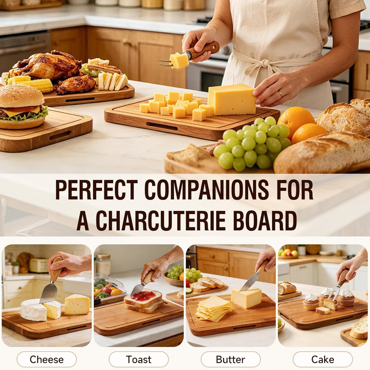 Renmxj Charcuterie Boards with Lid Gift Set, 2 in 1 Travel Portable Cheese Board with Knives Set, Natural Bamboo Charcuterie Tray, Housewarming Gifts New Home, Picnic, Wedding Gifts, Black Handle
