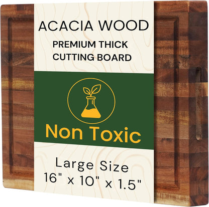 Premium Acacia Wood Butcher Block Cutting Board, 14" x 10" x 1.5" Thick Edge Grain with Deep Juice Groove, Solid Hardwood Serving Platter, Non-Toxic & BPA Free by New M Way