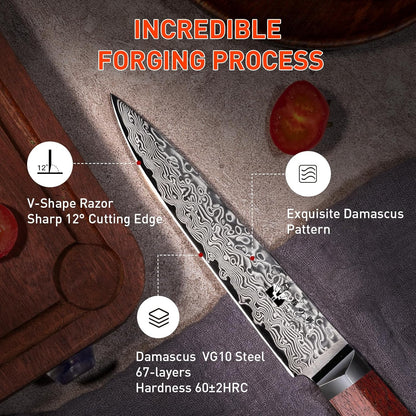 Steak Knives Set of 4 with In-Drawer Knife Block, 5 inch Damascus Steak Knife Set VG-10 Damascus Super Steel 67-Layer Non Serrated Steak Knives with Natural Wood Handle, Gift Box