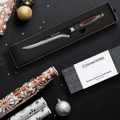Santoku Knife - 7-Inch Professional Kitchen Knife - Hammered Black Oxide Blade Japanese 9CR18MOV High Carbon Stainless Steel Sharp Chef Knife - Ergonomic Pakkawood Handle with Present Box
