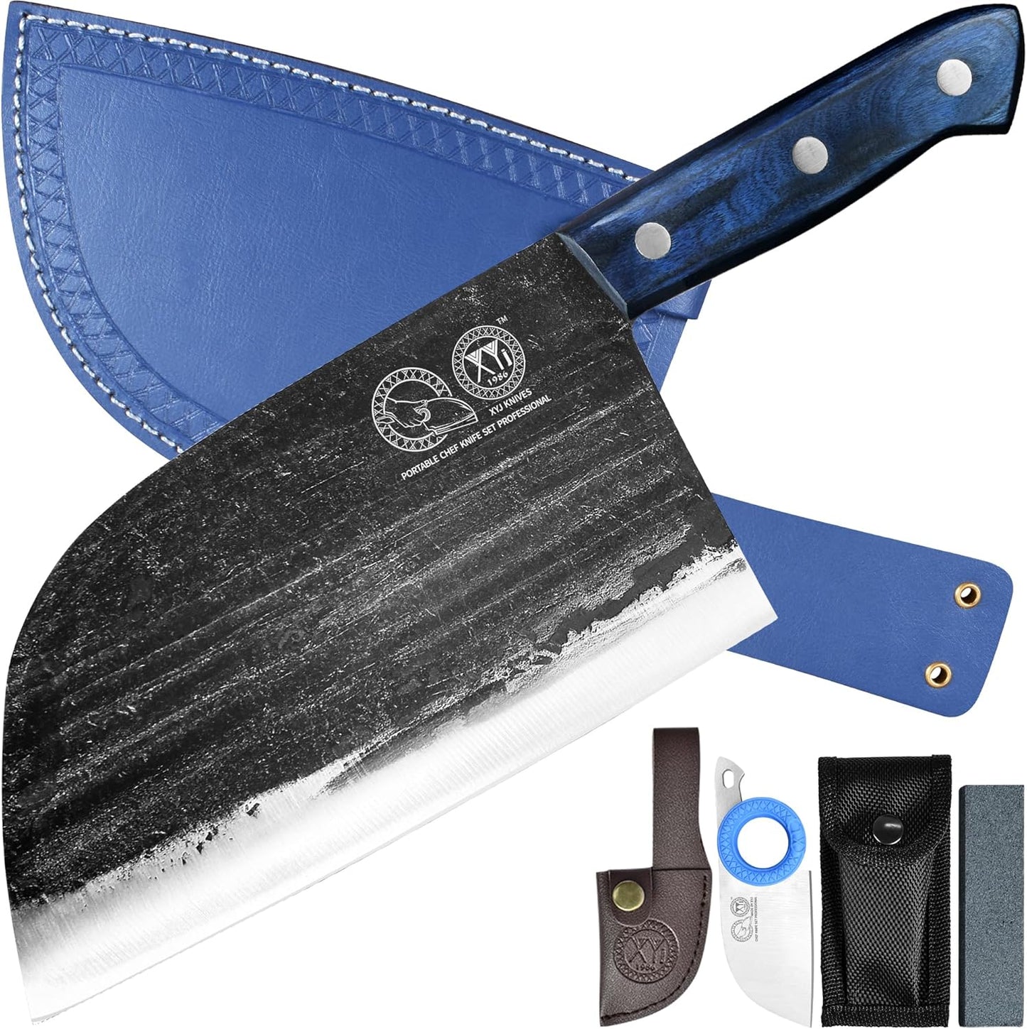 XYJ Authentic Since 1986,Outstanding Ancient Forging,6.7 Inch Full Tang,Serbian Chefs knife,Chef Meat Cleaver,Kitchen Knives,Set with Leather Sheath,Take Carrying,Butcher