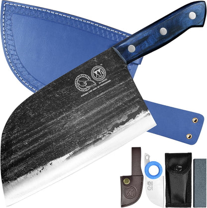 XYJ Authentic Since 1986,Outstanding Ancient Forging,6.7 Inch Full Tang,Serbian Chefs knife,Chef Meat Cleaver,Kitchen Knives,Set with Leather Sheath,Take Carrying,Butcher