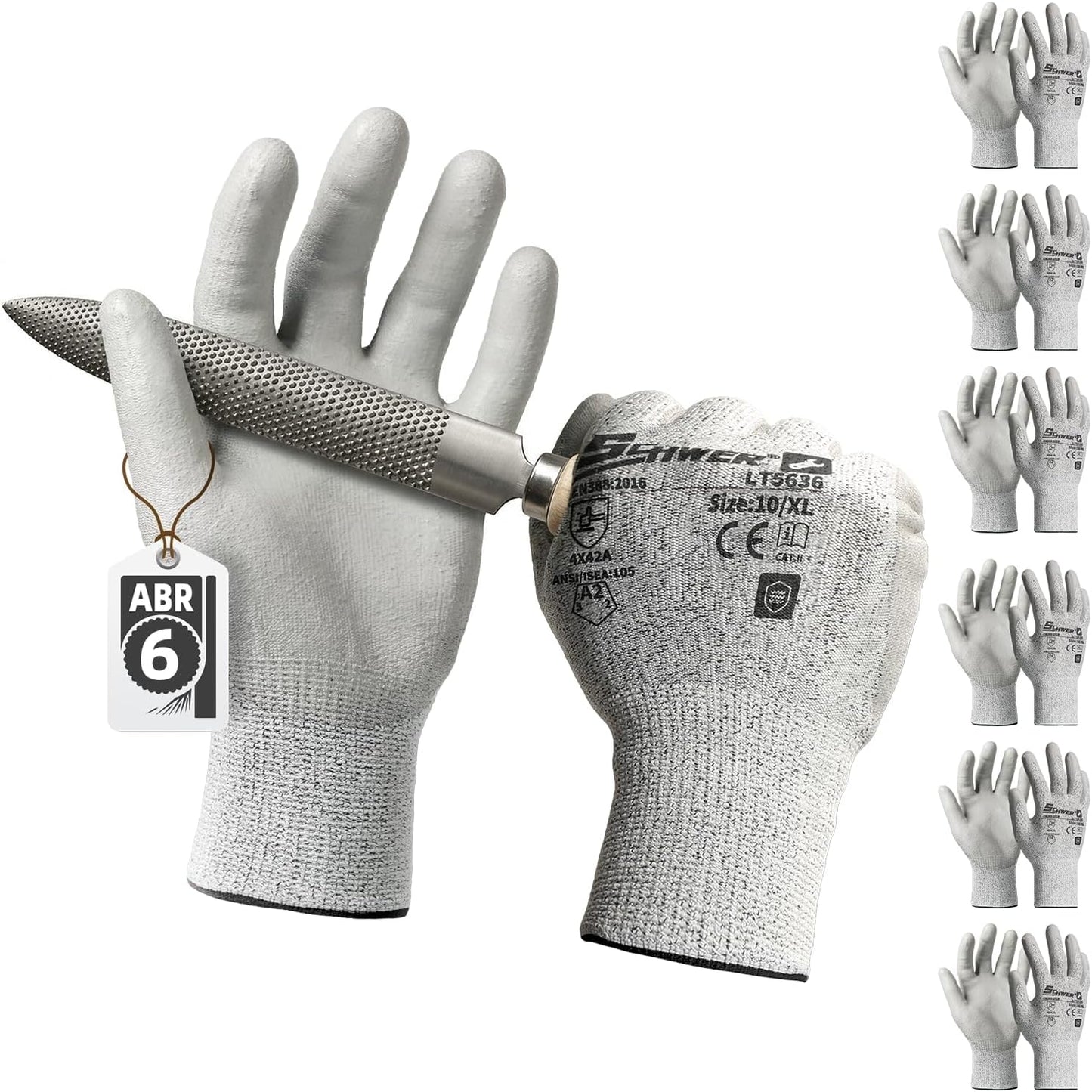 Schwer 6 Pairs ANSI A2 Cut Resistant Work Gloves with Certified Level 6 Ultra Abrasion Resistance, Safety Gloves with Grip for General Use, Construction, Gardening, Mechanic, 3D-Comfort, LT5636, L