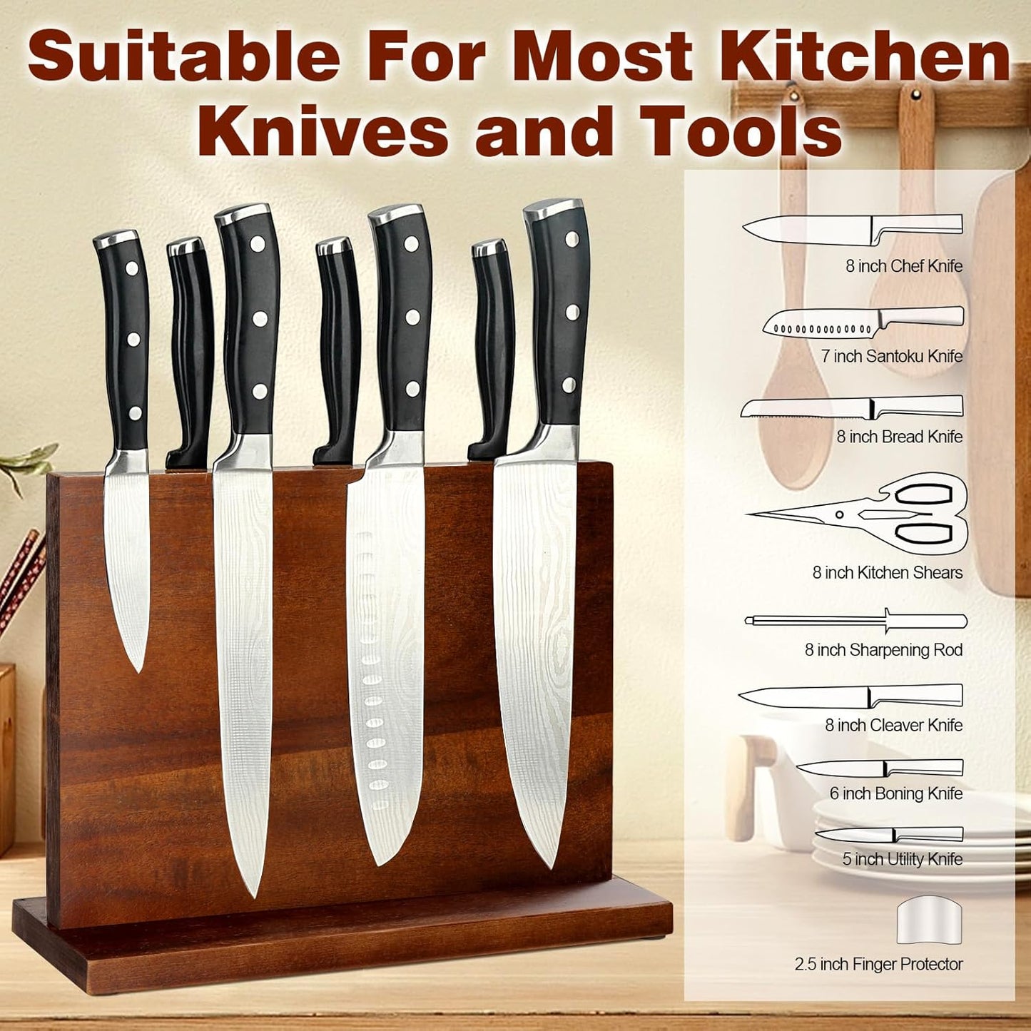 Magnetic Knife Block Double Sided Magnetic Knife Holder Rack with Strong Enhanced Magnets Acacia Wood Magnetic Knife Storage Stand