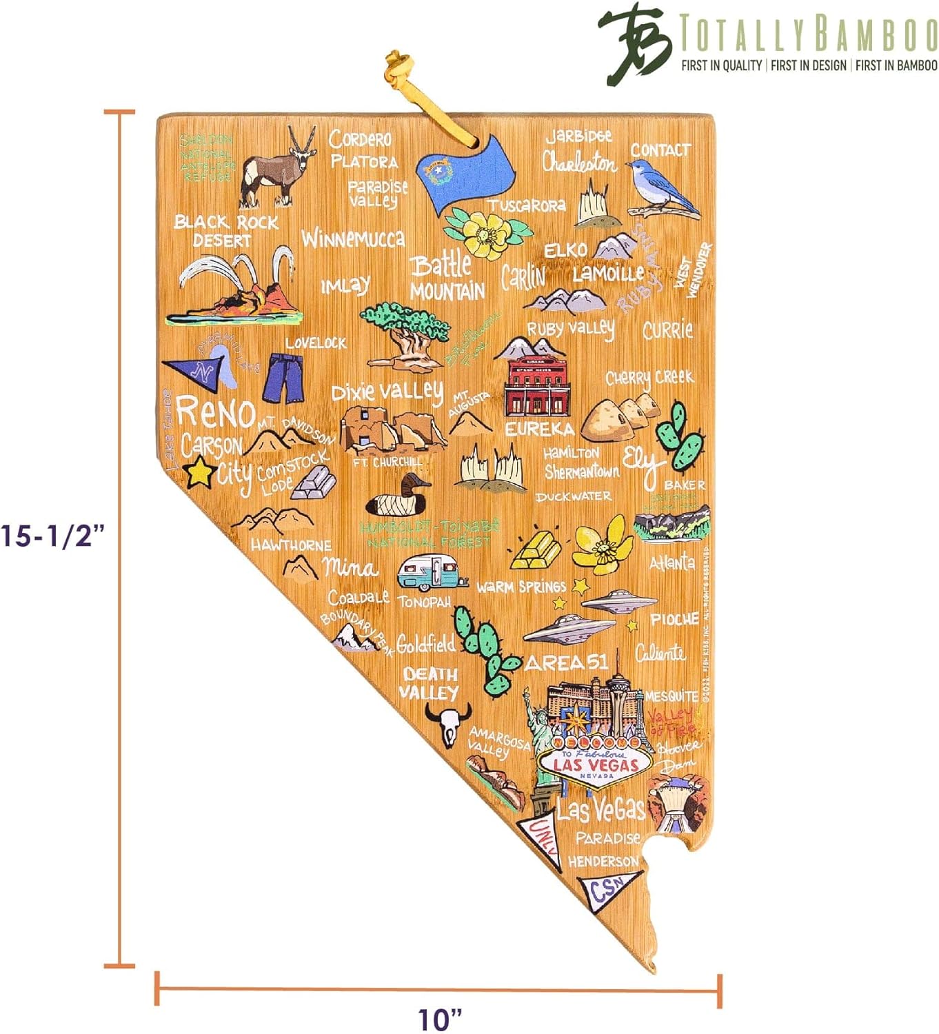 Totally Bamboo Tennessee State Shaped Cutting Board and Charcuterie Serving Platter with Artwork by Fish Kiss, Includes Hang Tie for Wall Display - Colors A