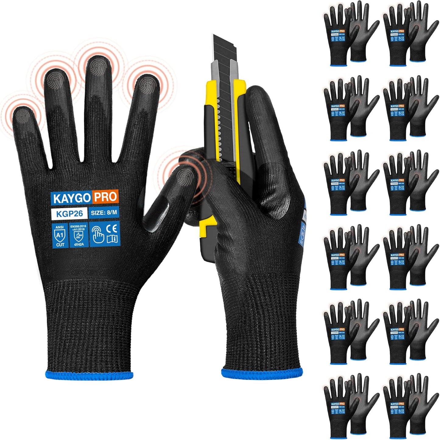 KAYGO 12 Pairs PU Coated Cut-resistant Gloves with Grip,Safety Work Gloves for Men Women,Full Fingers Touchscreen,Ideal for Warehouse,Wood Carving,Construction,ANSI Cut Level A1,KGP26