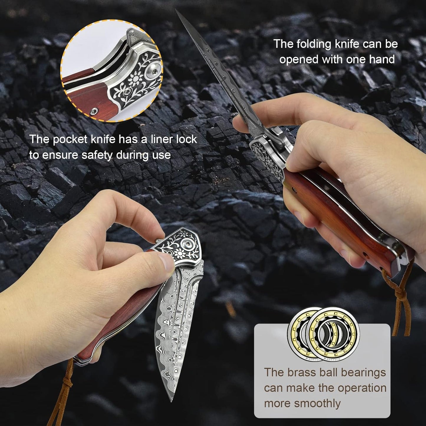 KOMWERO Damascus Pocket Knife for Men, VG10 Core Damascus Steel Folding Knife with Wood Handle, Ball Bearing, Thumb Hole, Liner Lock, Sheath for EDC Outdoor Survival Hunting