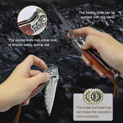 KOMWERO Damascus Pocket Knife for Men, VG10 Core Damascus Steel Folding Knife with Wood Handle, Ball Bearing, Thumb Hole, Liner Lock, Sheath for EDC Outdoor Survival Hunting