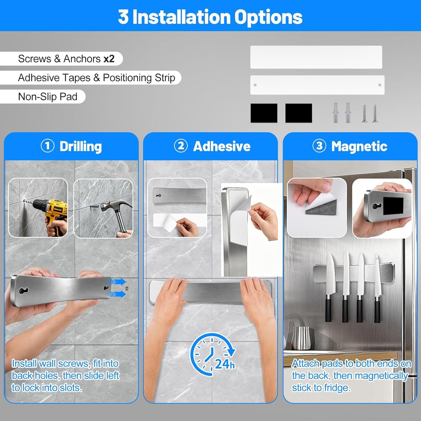 16 Inch Magnetic Knife Holder for Wall, Solid Acacia Wood Knife Magnetic Strip for Fridge, No Drill Wall Mount Knife Magnet Tool Bar, Wooden Knives Rack Block for Kitchen Utensil Organizer RV Storage