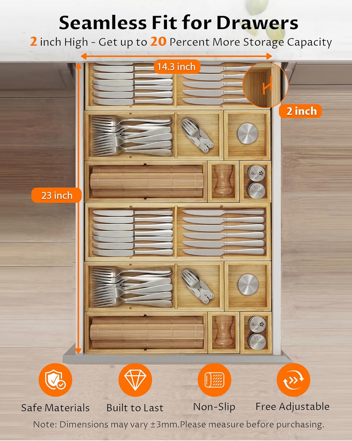 12 Compartments Silverware Drawer Organizer, 6 Piece Bamboo Utensil Tray Set for Kitchen Spoons Forks Knives, Adjustable Cutlery Holder with Removable Dividers for Flatware, Bedroom & Living Room