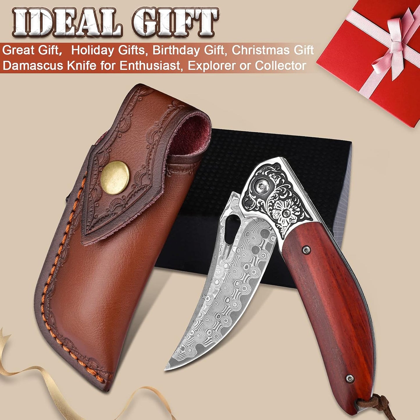 KOMWERO Damascus Pocket Knife for Men, VG10 Core Damascus Steel Folding Knife with Wood Handle, Ball Bearing, Thumb Hole, Liner Lock, Sheath for EDC Outdoor Survival Hunting