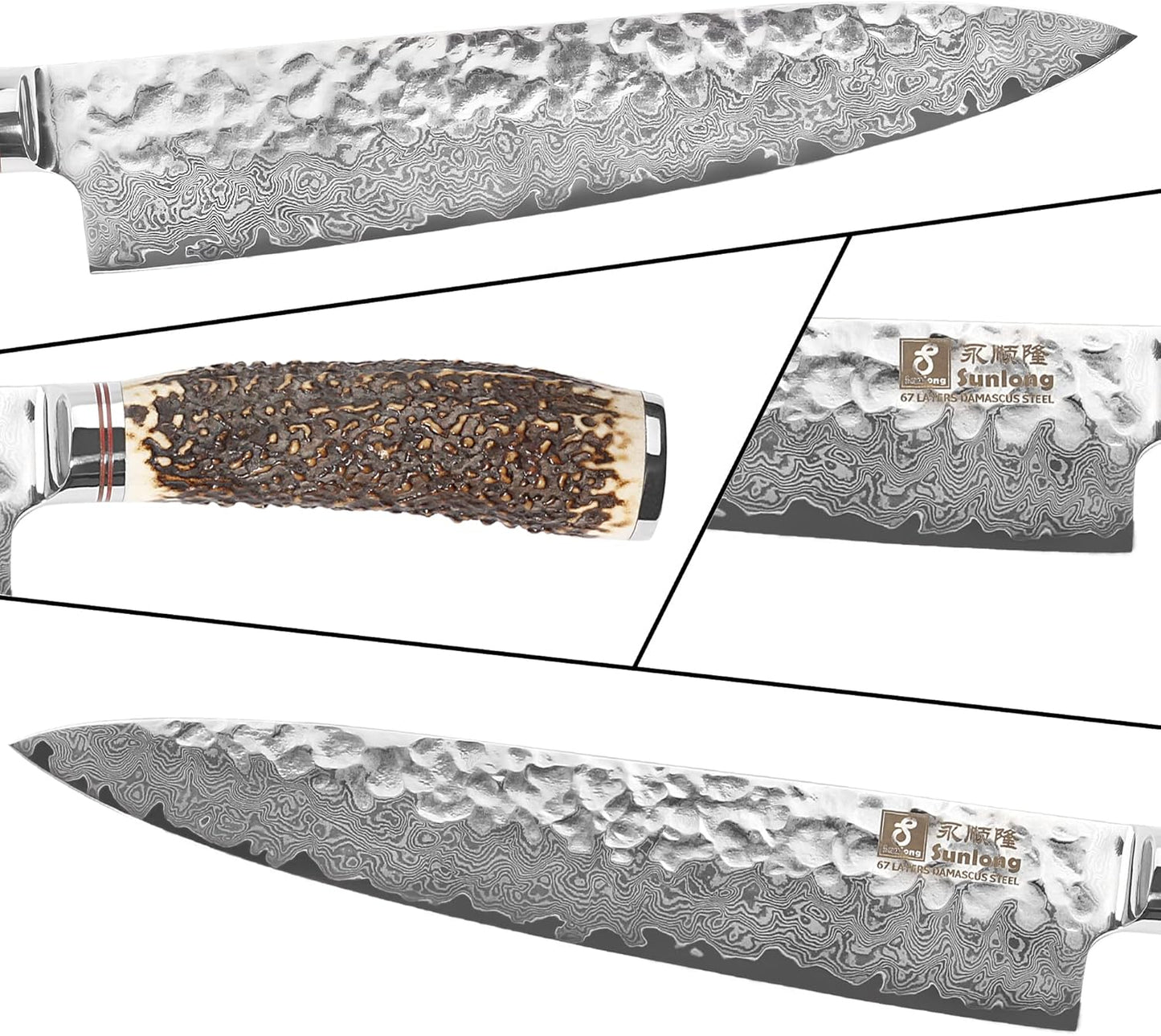 SUNLONG Usuba & Nakiri Knife 6.5 inch Fruit and Vegetable Knife Japanese Hammered Damascus Steel Super sharp - Natural Deer Horn Handle