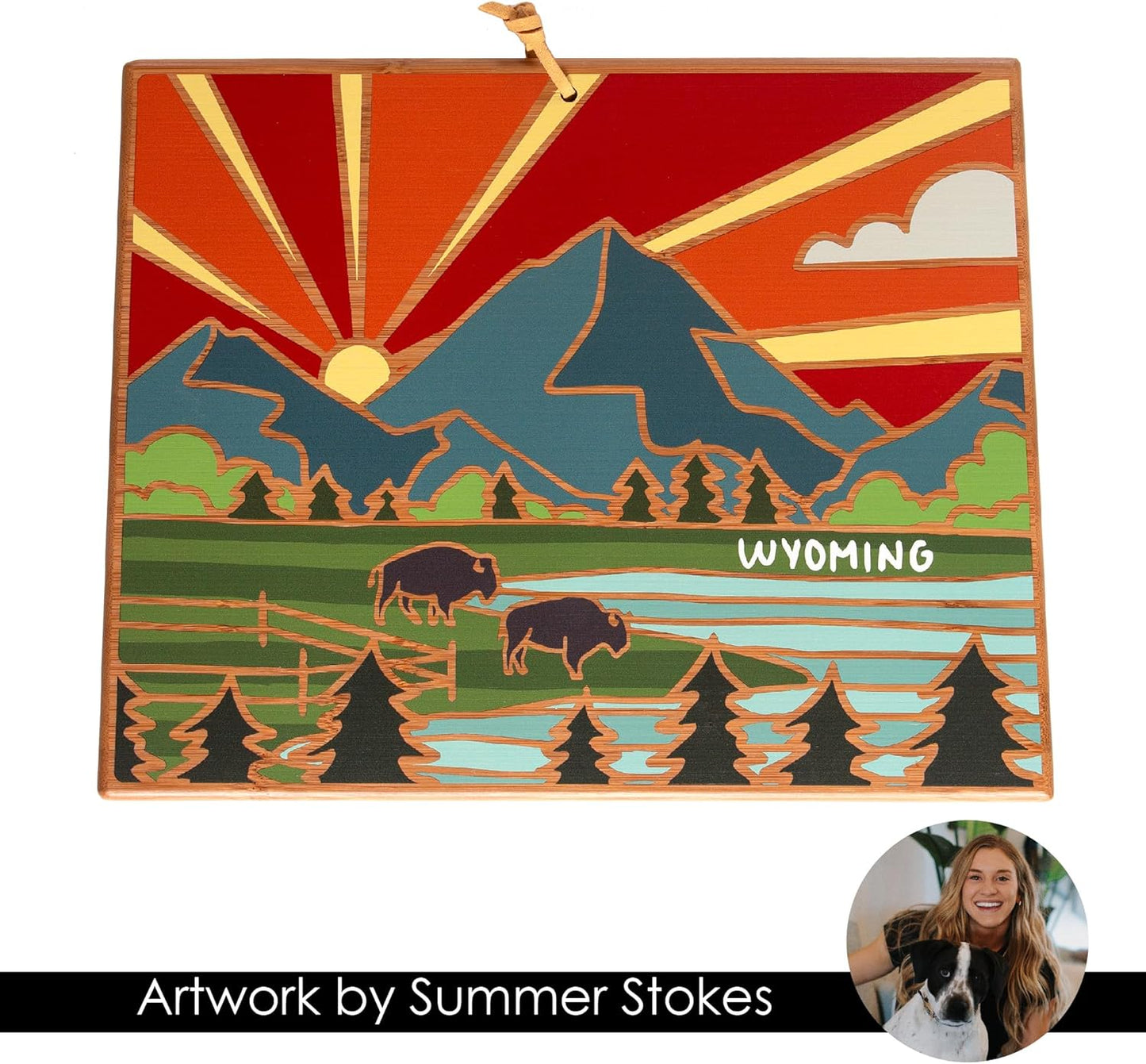 Totally Bamboo North Carolina State Shaped Cutting Board and Charcuterie Serving Platter with Artwork by Summer Stokes, Includes Hang Tie for Wall Display 18" x 8" x 5/8" - Colors A