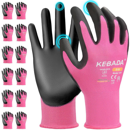 Kebada W1 Work Gloves for Men and Women, PU Coated Safety Gloves with Grip, Touchscreen, Ideal for Warehouse Package Handling, Construction, Gardening, 12 Pairs Gray Large