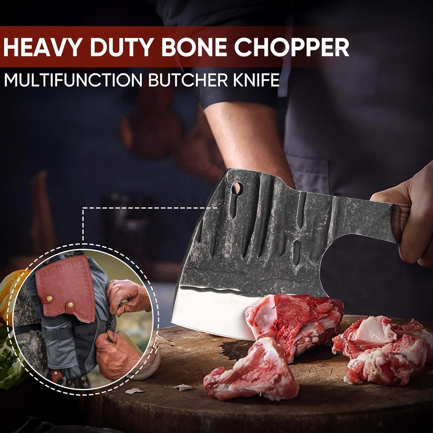 Dream Reach Meat Cleaver, 6.9 inch Black Boning Knife, High Carbon Steel Sharp Kitchen Forged In Fire Knife with Sheath Gift Box Bottle Opener for Outdoor Camping, Christmas Gifts for Men Women