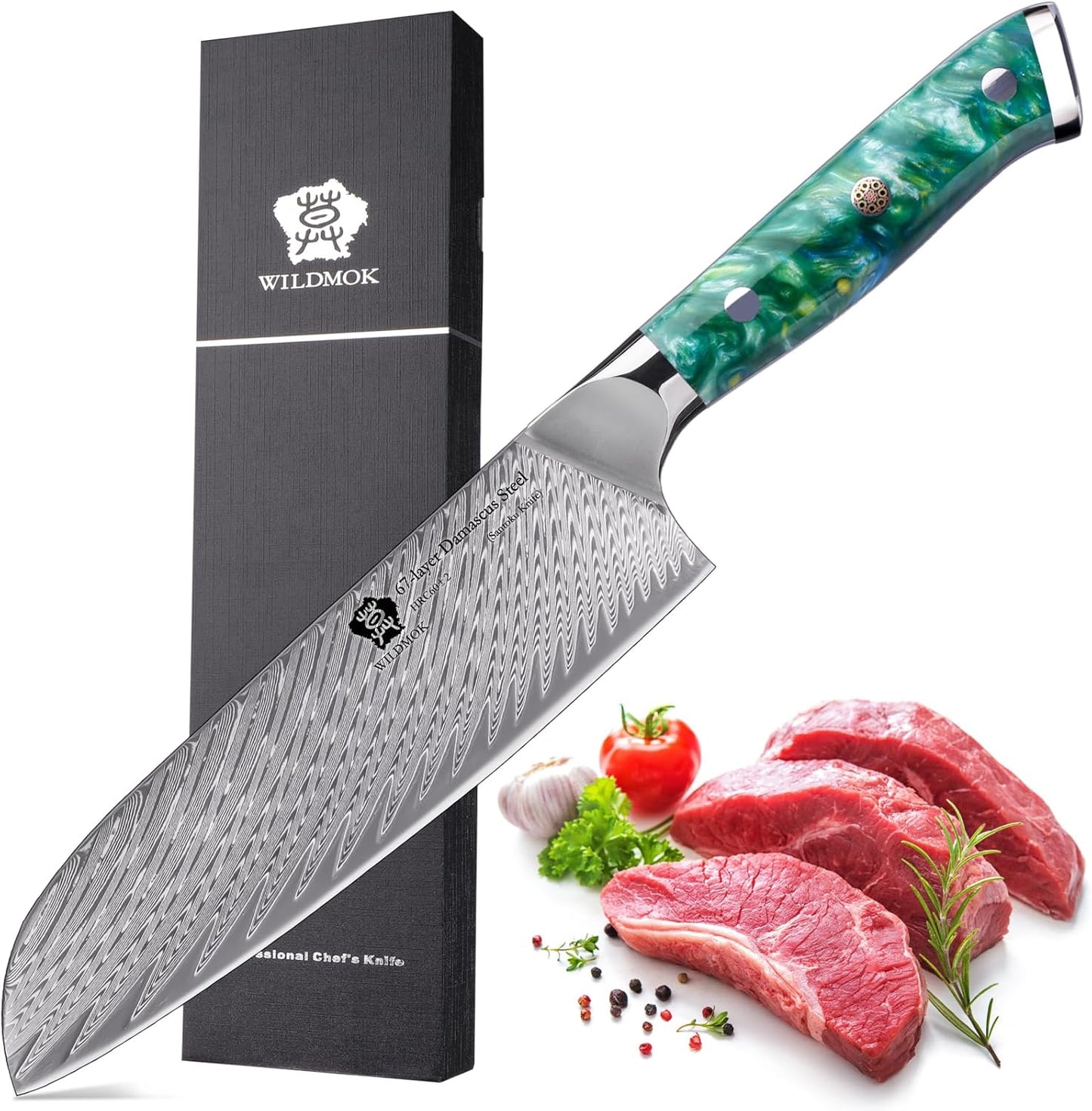 WILDMOK Santoku Knife 7 Inch kitchen knife, Ultra Sharp with Japanese Damascus Forged Santoku Knife, Ergonomic Resin Handle, cooking gifts with gift box