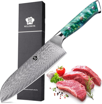 WILDMOK Santoku Knife 7 Inch kitchen knife, Ultra Sharp with Japanese Damascus Forged Santoku Knife, Ergonomic Resin Handle, cooking gifts with gift box