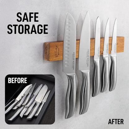 Zulay (12 Inch) Stainless Steel Magnetic Knife Holder For Wall - Powerful Knife Magnetic Strip With Extra Hanging Hooks - Wall Mount Magnetic Knife Strip & Organizer For Kitchen & Tools (Gold)