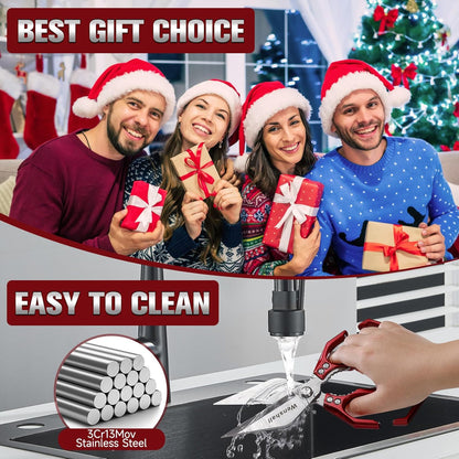 Wenshall 2-Pack Heavy Duty All-Purpose Kitchen Scissors, Japanese Stainless Steel, Kitchen Shears for Cutting Chicken, Poultry, Game, Meat - Chopping Vegetable, Dishwasher Safe,Christmas (Red)