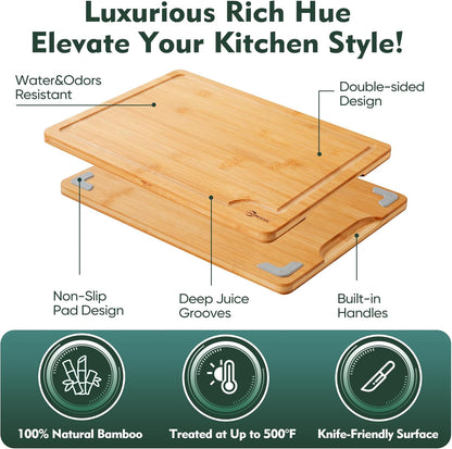 Wood Cutting Board Carbonized Bamboo Set With Smooth Surface Set 4 Packs with Non Slip Feet Holder and Over Sink Solid Thick Durable Wood Charcuterie Cheese Serving Tray Kitchen Gadgets (Carbonized)