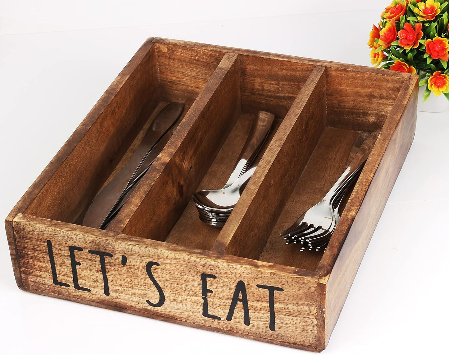 Wooden Kitchen Drawer Organizer Fir Wood Cutlery Silverware Tray Organizer with 3 Compartments, Decorative Utensil Holder for Flatware, Knives, Forks, Spoons