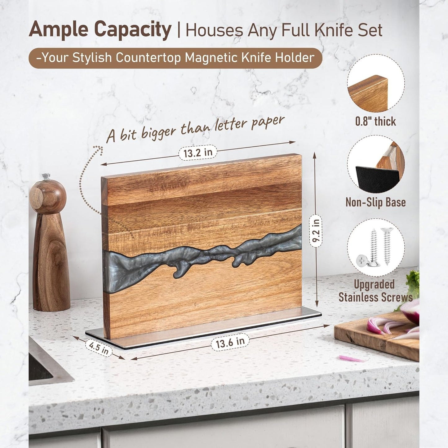 Magnetic Knife Holder Block for Countertop, No Drill Acacia Wood Stand with Epoxy Resin Art & Strong Magnets - Fits Chef Knives & Scissors & Bar Tools (No Knives Included)