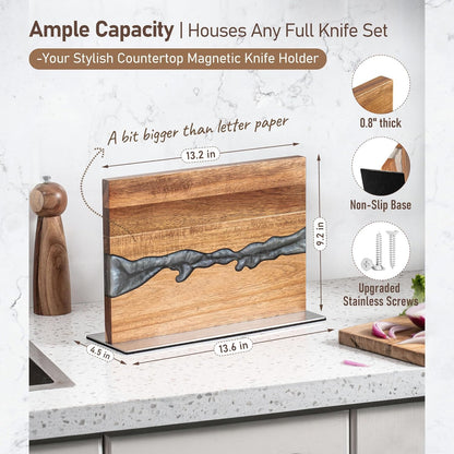 Magnetic Knife Holder Block for Countertop, No Drill Acacia Wood Stand with Epoxy Resin Art & Strong Magnets - Fits Chef Knives & Scissors & Bar Tools (No Knives Included)