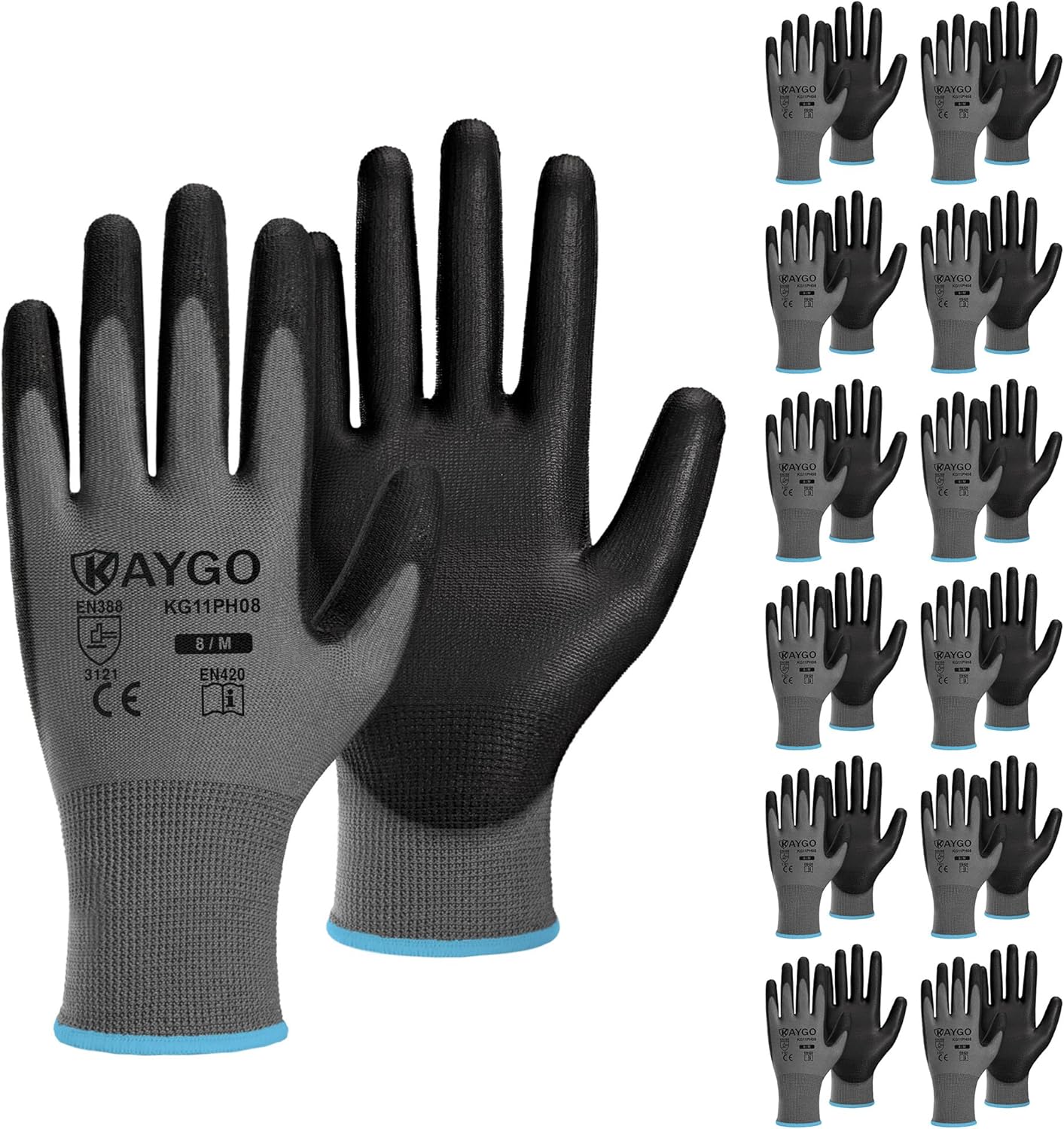 KAYGO Work Gloves for Men and Women,12 Pairs Seamless Knit PU Coated Safety Gloves, with Smooth Grip on Palm and Fingers, Ideal for Light Warehouse, Manufacturing, Gardening, KG11P (M, Black)