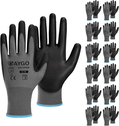 KAYGO Work Gloves for Men and Women,12 Pairs Seamless Knit PU Coated Safety Gloves, with Smooth Grip on Palm and Fingers, Ideal for Light Warehouse, Manufacturing, Gardening, KG11P (M, Black)