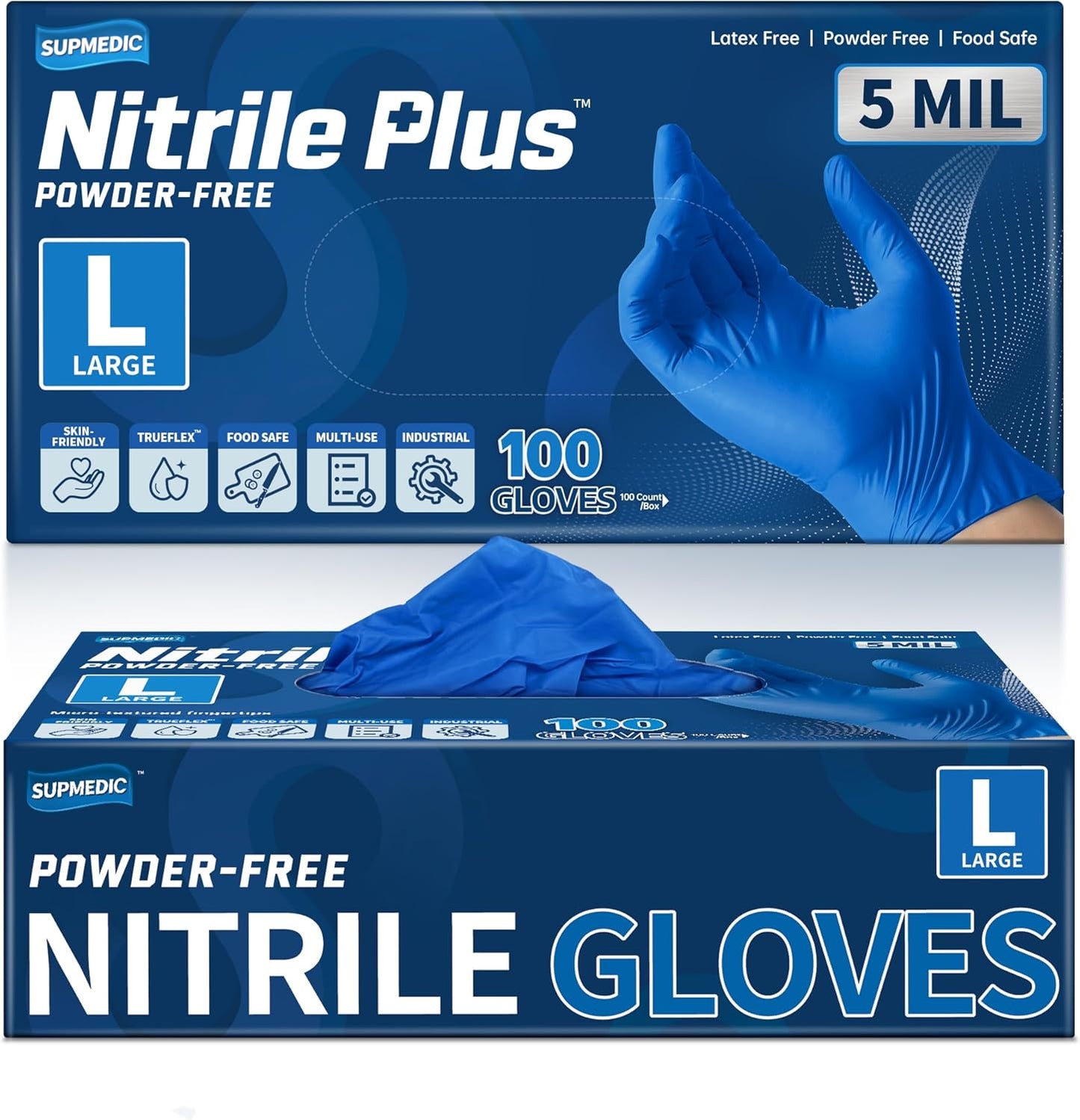 Supmedic Disposable Nitrile Gloves, 5Mil Chemical Resistant Powder-Free Latex-Free Glove Exam Cook Tattoo, Black Blue 100Pcs