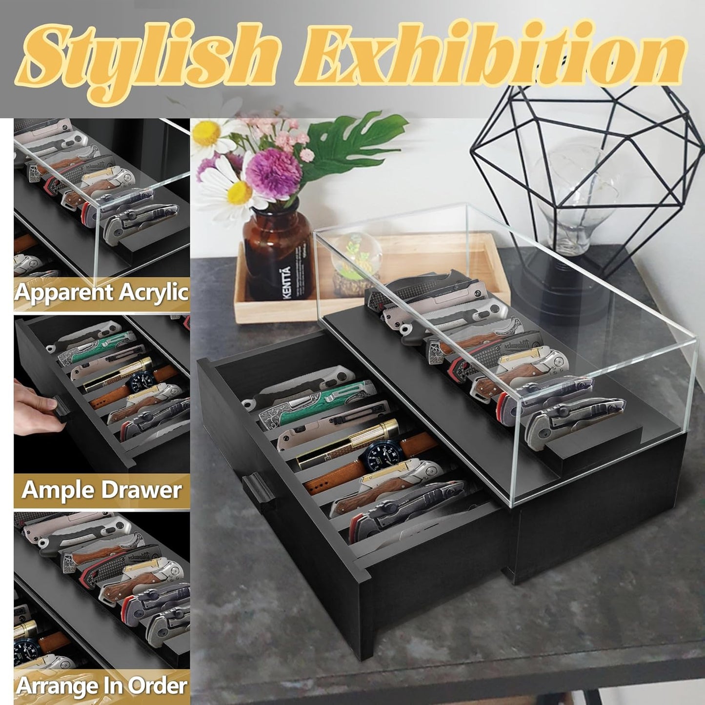Knife Display Case,2 Tier Wooden Pocket Knife Collection Case with Acrylic Lid, Pocket Knife Storage Drawer Organizer, Walnut