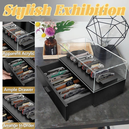 Knife Display Case,2 Tier Wooden Pocket Knife Collection Case with Acrylic Lid, Pocket Knife Storage Drawer Organizer, Walnut