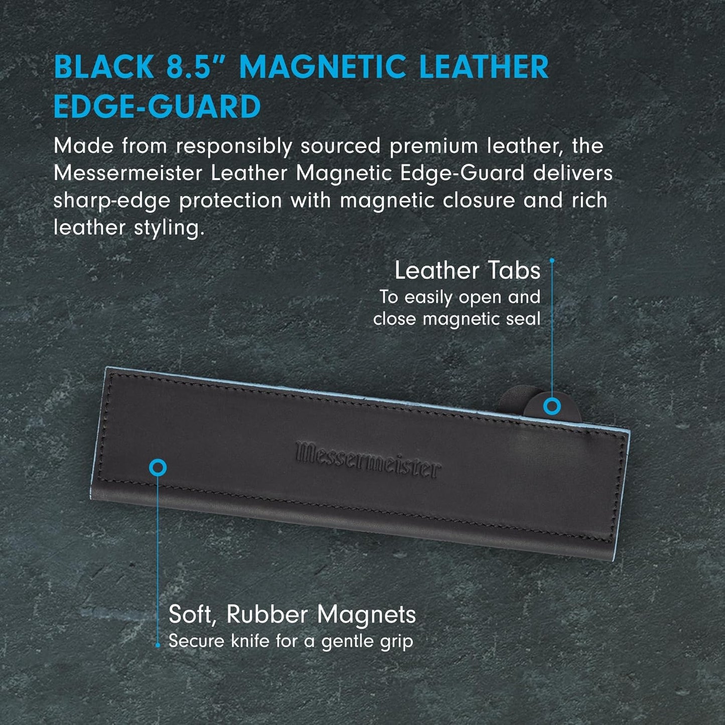 Messermeister 6.5" Black Magnetic Leather Edge-Guard - Handcrafted, Stylish & Functional Safety Accessory for Knife - 2 Blade Entry Notches - 6.5" x 1.625"