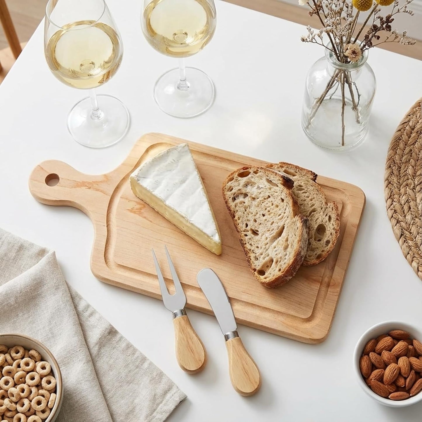 1 Set Bridal Baby Shower Cheese Prizes Wooden Square Board Gift Set Knives Forks Thank You Tags with Box for Guests for Valentines Bridal Baby Shower Housewarming Gifts (Acacia Color)