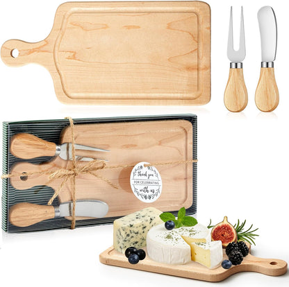 1 Set Bridal Baby Shower Cheese Prizes Wooden Square Board Gift Set Knives Forks Thank You Tags with Box for Guests for Valentines Bridal Baby Shower Housewarming Gifts (Acacia Color)