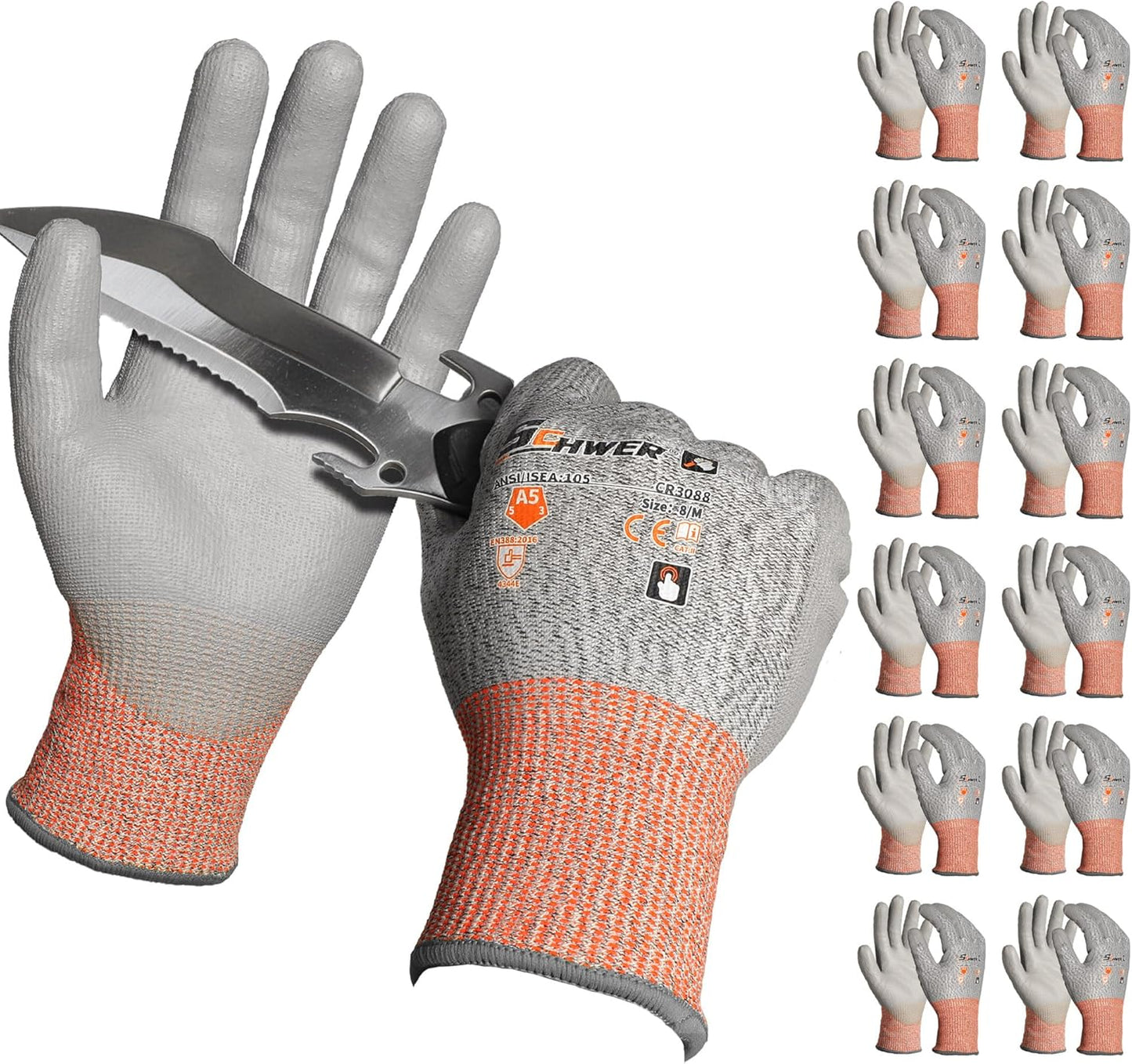 Schwer 12 Pairs ANSI A5 Cut Resistant Work Gloves, Cut Proof Gloves with PU Coating, Used for Metal Fabrication, WoodWorking, Construction, Non Slip, Durable, Non PFAS, L, CR3088