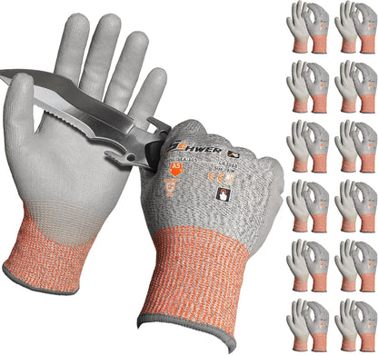 Schwer 12 Pairs ANSI A5 Cut Resistant Work Gloves, Cut Proof Gloves with PU Coating, Used for Metal Fabrication, WoodWorking, Construction, Non Slip, Durable, Non PFAS, L, CR3088
