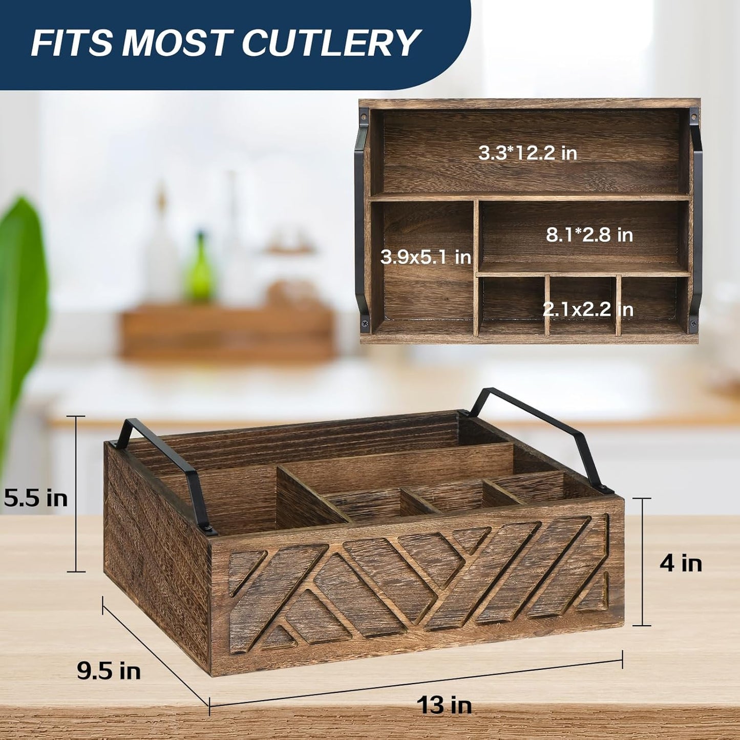 Ukonvi Paper Plate Dispenser, Paper Plate Holder for Kitchen Counter, Wood Rustic Silverware Utensil Caddy, Cutlery Flatware Organizer Box for Cups Spoons Forks Plates Napkins, Kitchen Accessories