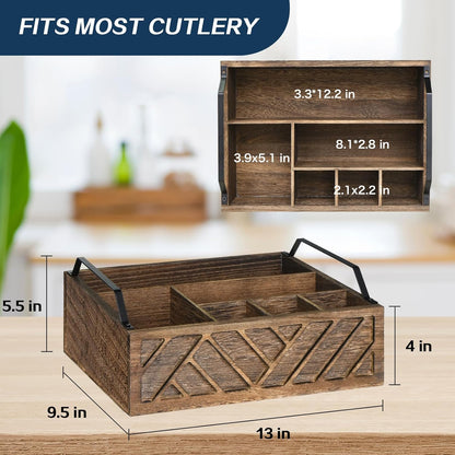 Ukonvi Paper Plate Dispenser, Paper Plate Holder for Kitchen Counter, Wood Rustic Silverware Utensil Caddy, Cutlery Flatware Organizer Box for Cups Spoons Forks Plates Napkins, Kitchen Accessories
